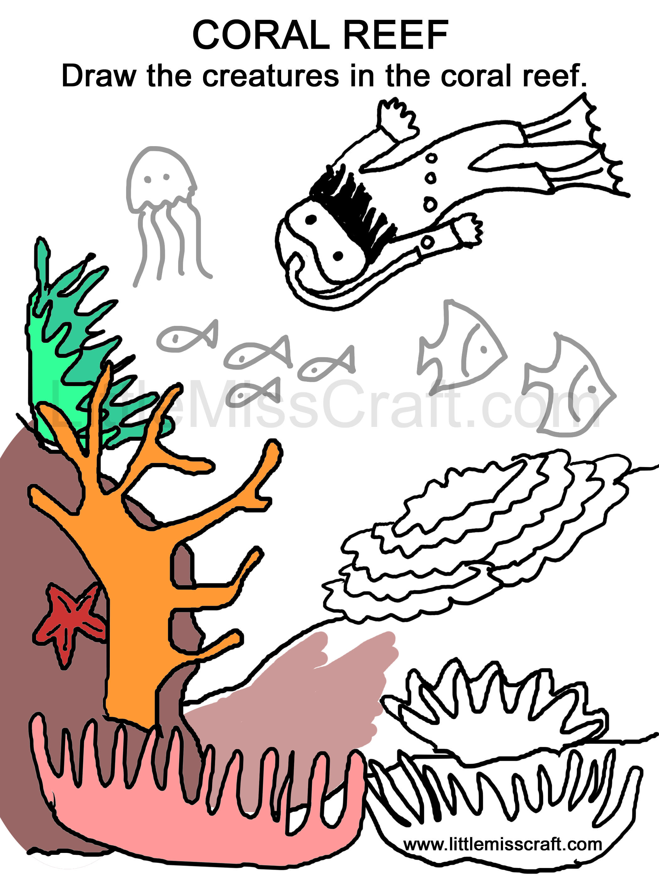 coloring, pages, doodle, drawing, diver, sea, coral reef, treasure